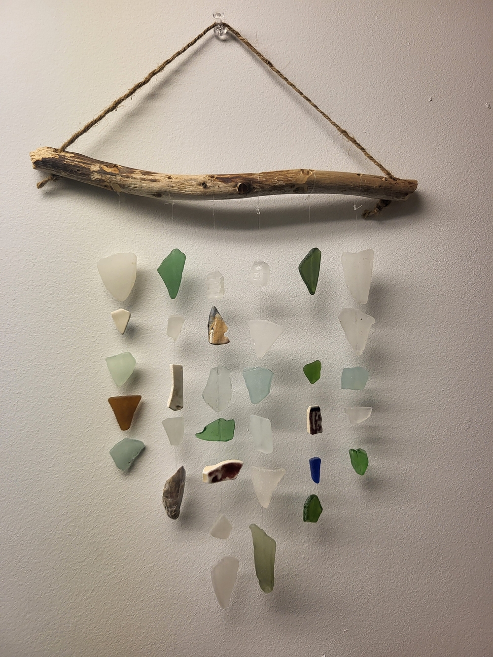 Driftwood Sea Glass Hanging Mobile - Green, White, Aqua, Brown